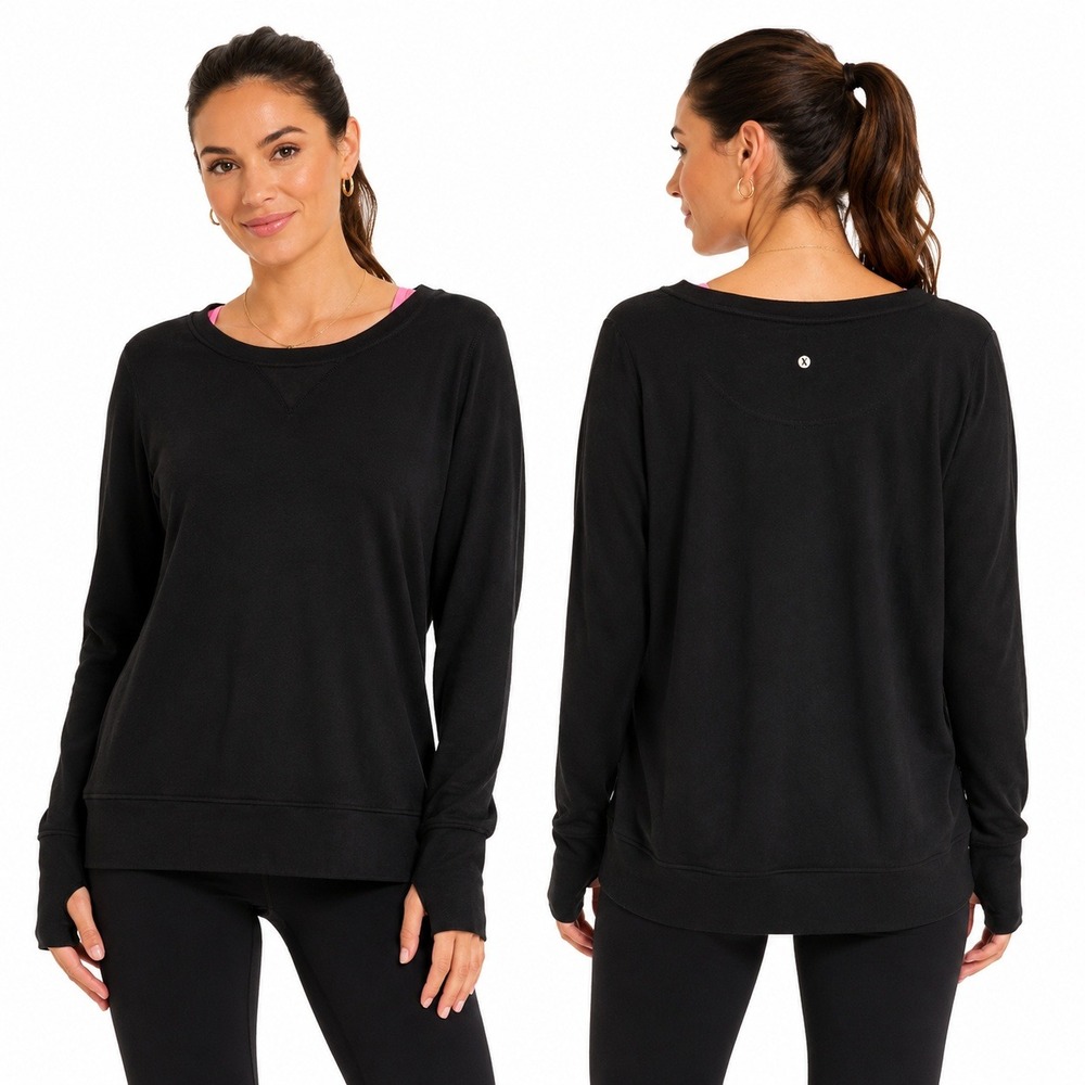 Xersion Sweatshirt Women's Large Relaxed Fit Black Pullover  Thumb Crew Neck